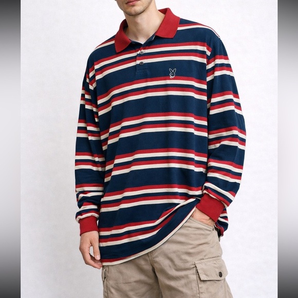 Playboy x PacSun Striped Long Sleeve Polo Men M Blue Red White Streetwear - Picture 2 of 9
